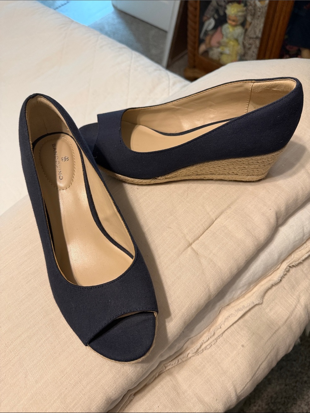 Bandolino Navy Canvas Peep-Toe Espadrille Wedges